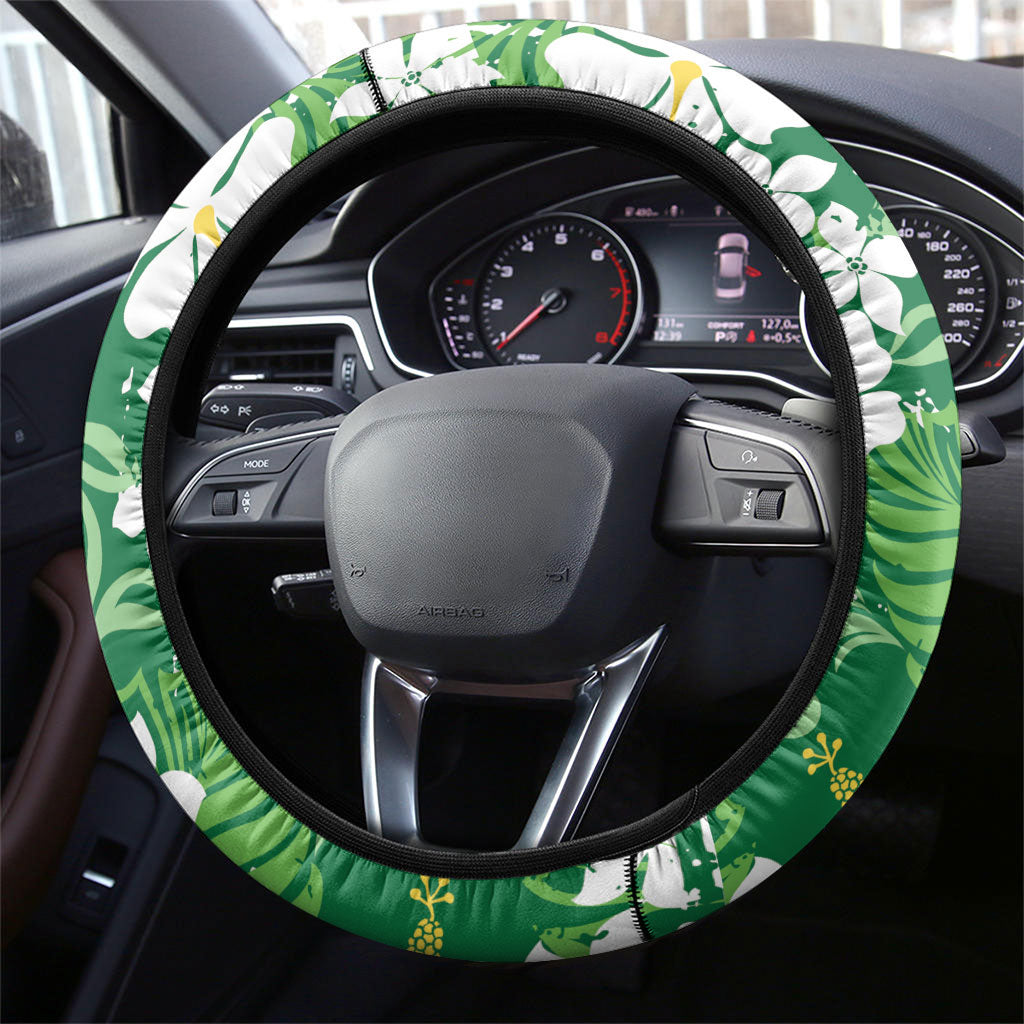 Green Hawaiian Hibiscus Monstera Steering Wheel Cover Grunge Stylized