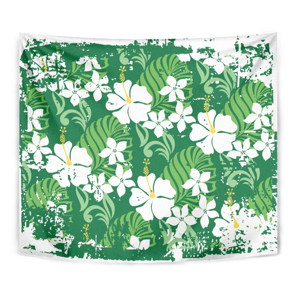 Green Hawaiian Hibiscus Monstera Tapestry Grunge Stylized