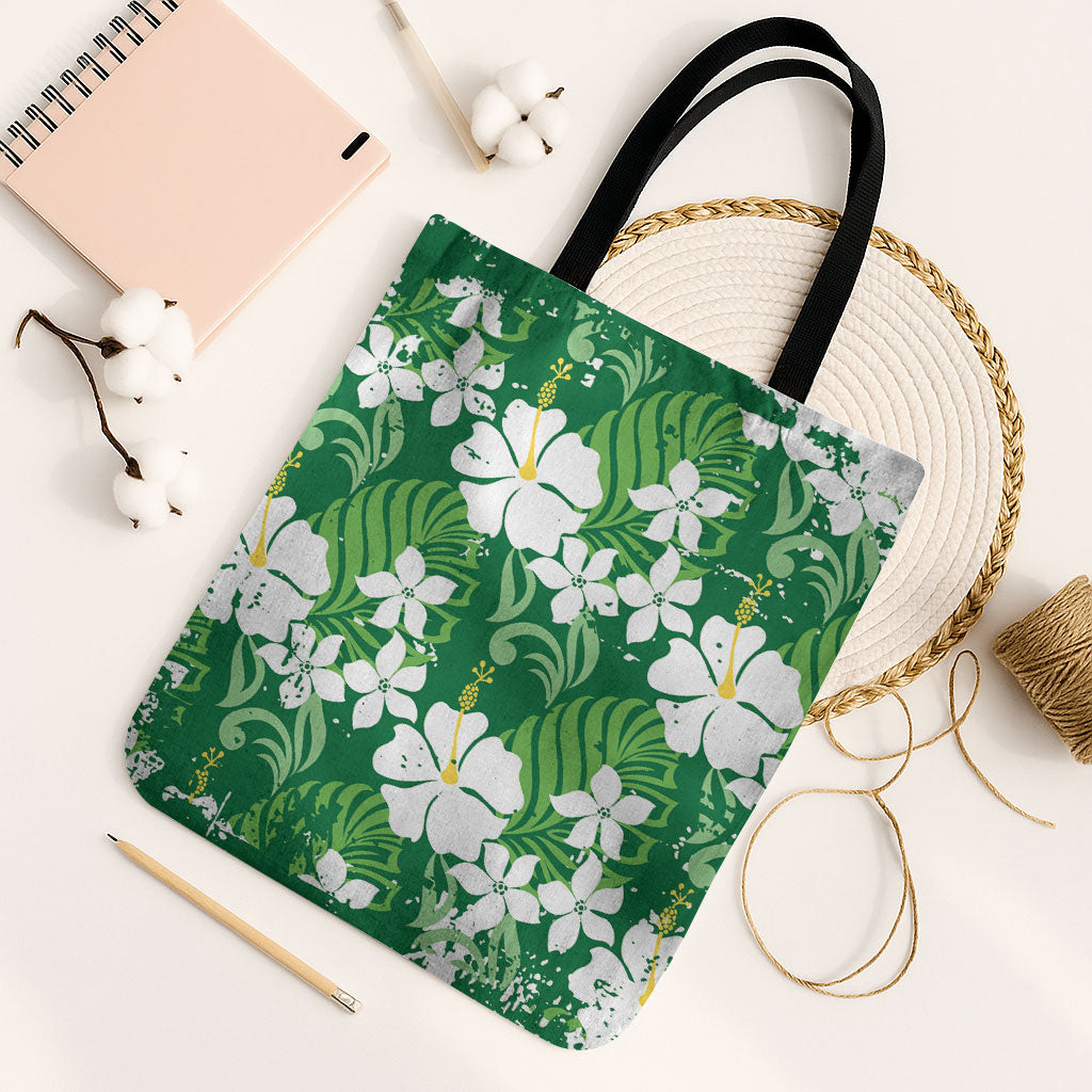 Green Hawaiian Hibiscus Monstera Tote Bag Grunge Stylized