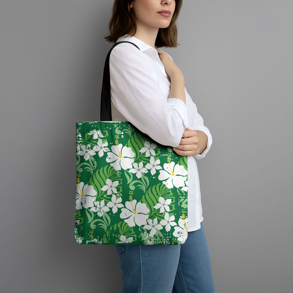 Green Hawaiian Hibiscus Monstera Tote Bag Grunge Stylized LT01 - Polynesian Pride