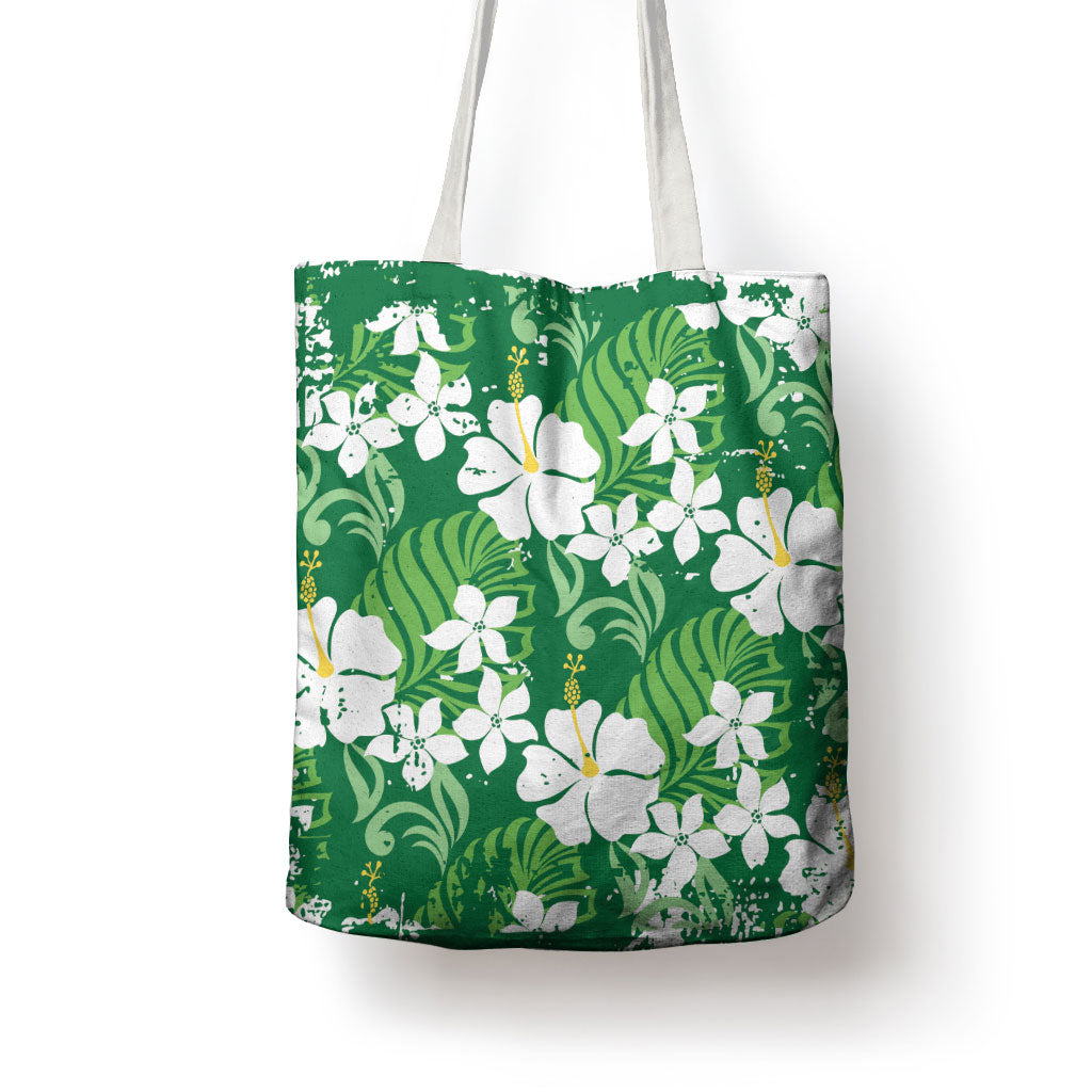 Green Hawaiian Hibiscus Monstera Tote Bag Grunge Stylized LT01 - Polynesian Pride