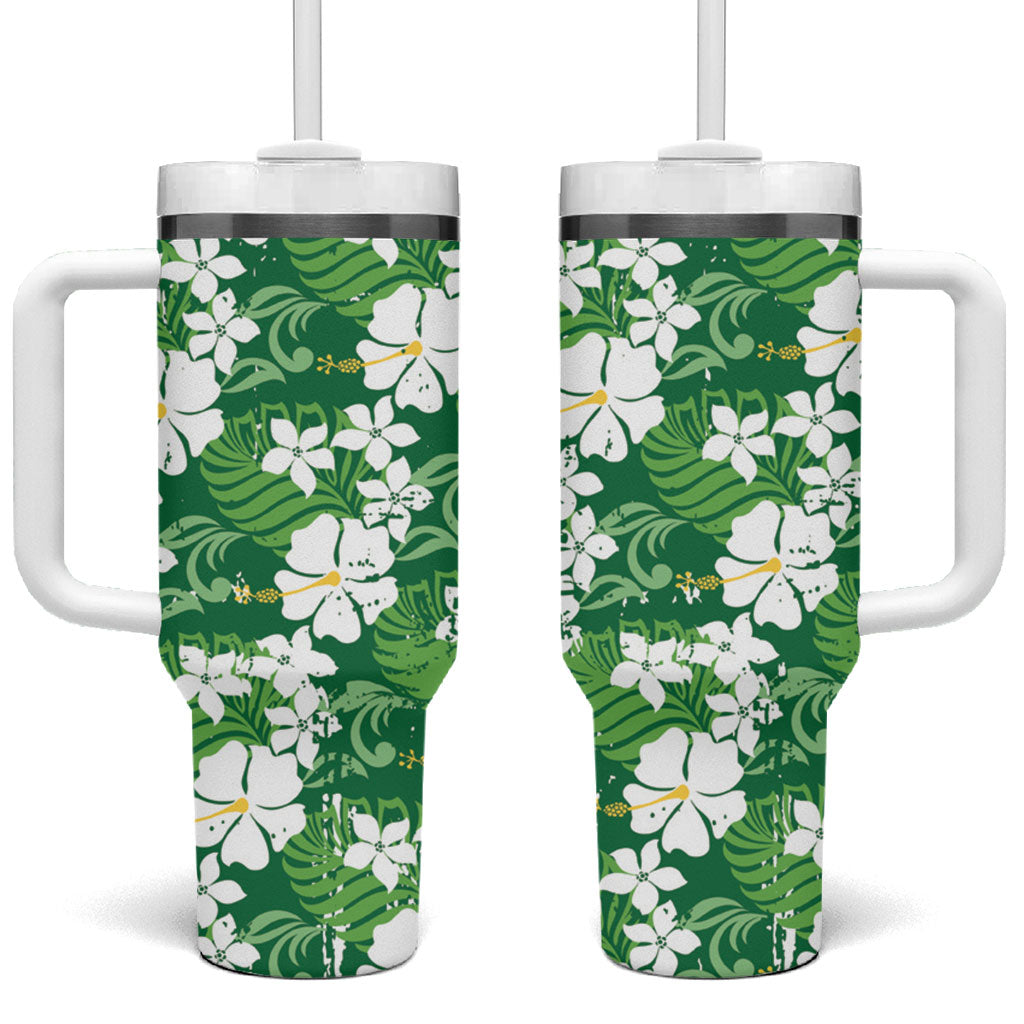 Green Hawaiian Hibiscus Monstera Tumbler With Handle Grunge Stylized LT01 One Size: 40 oz Green - Polynesian Pride