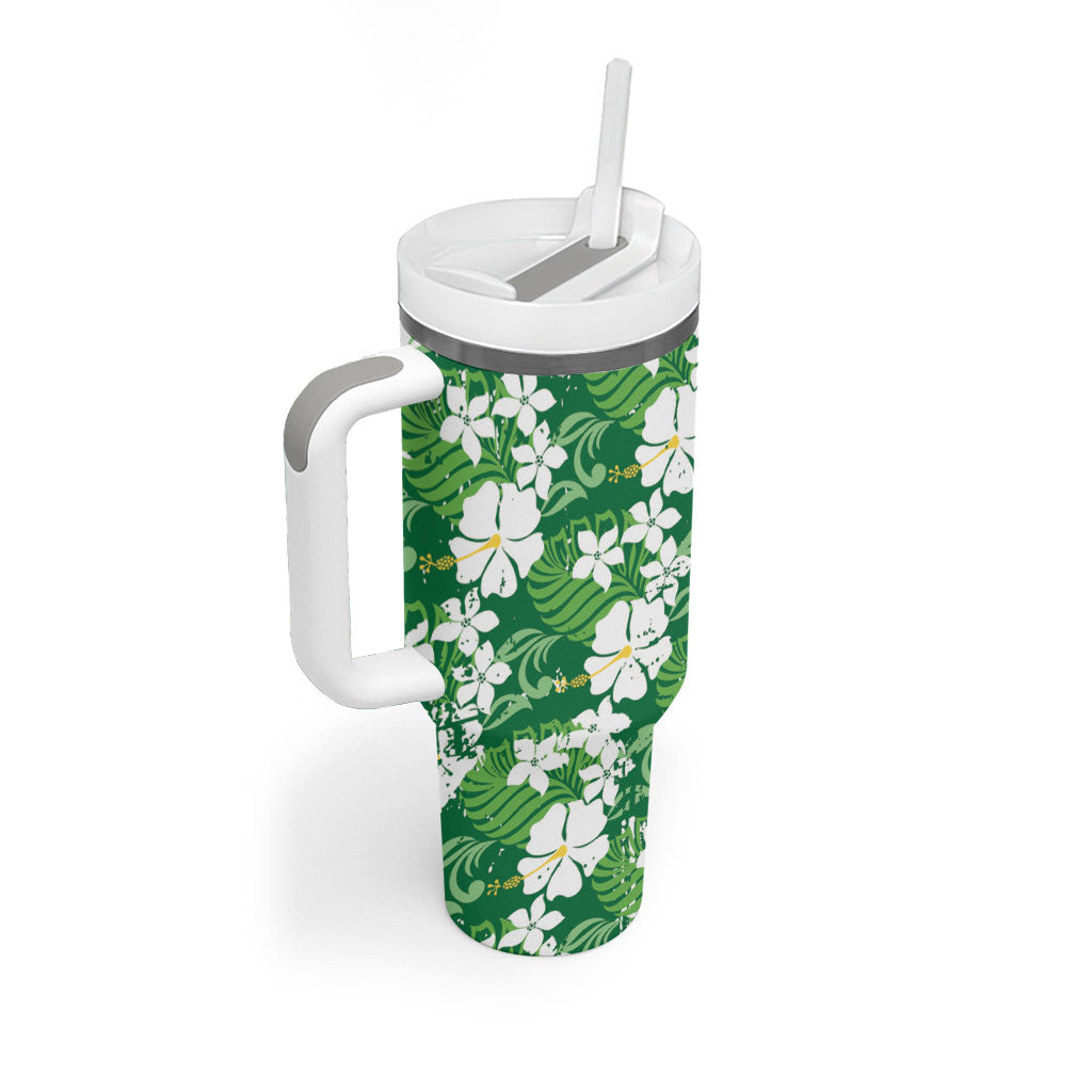 Green Hawaiian Hibiscus Monstera Tumbler With Handle Grunge Stylized