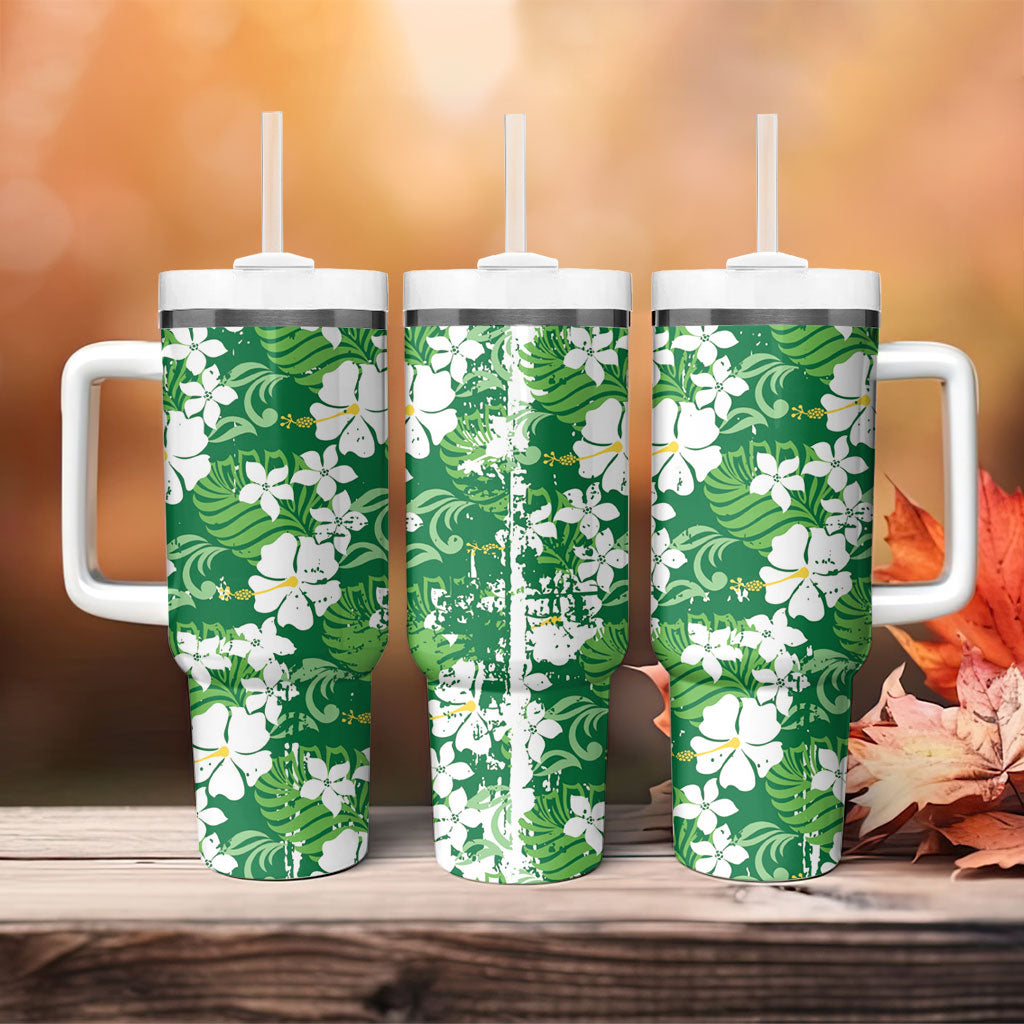 Green Hawaiian Hibiscus Monstera Tumbler With Handle Grunge Stylized