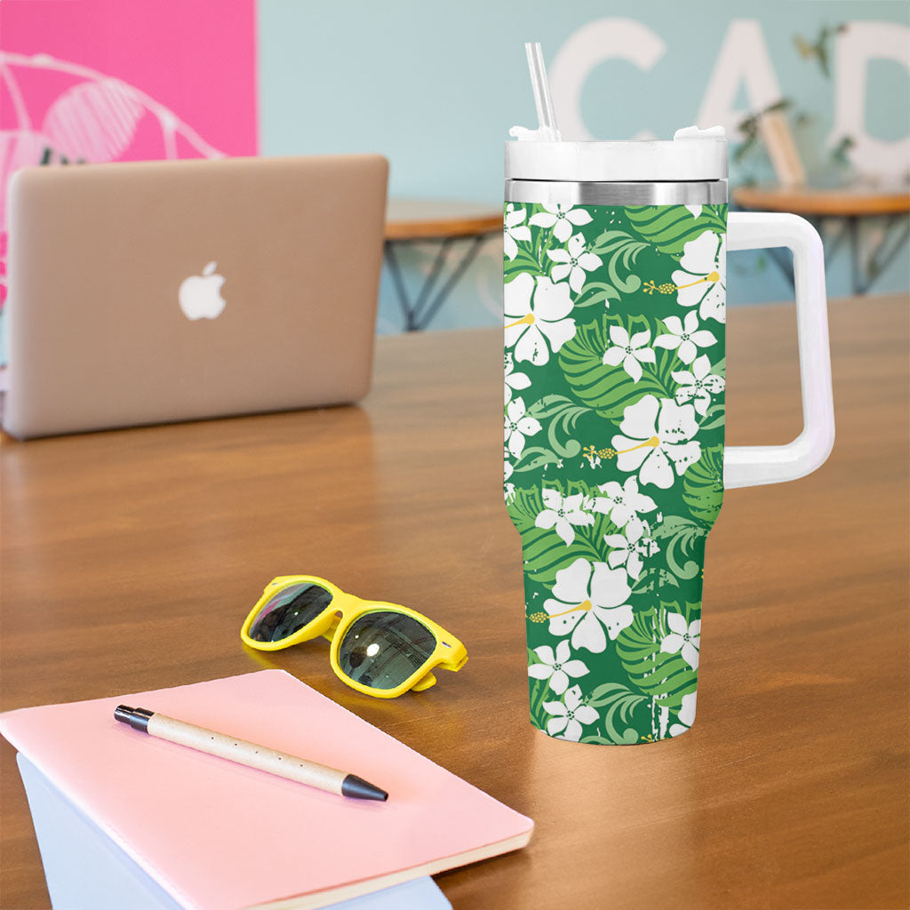 Green Hawaiian Hibiscus Monstera Tumbler With Handle Grunge Stylized