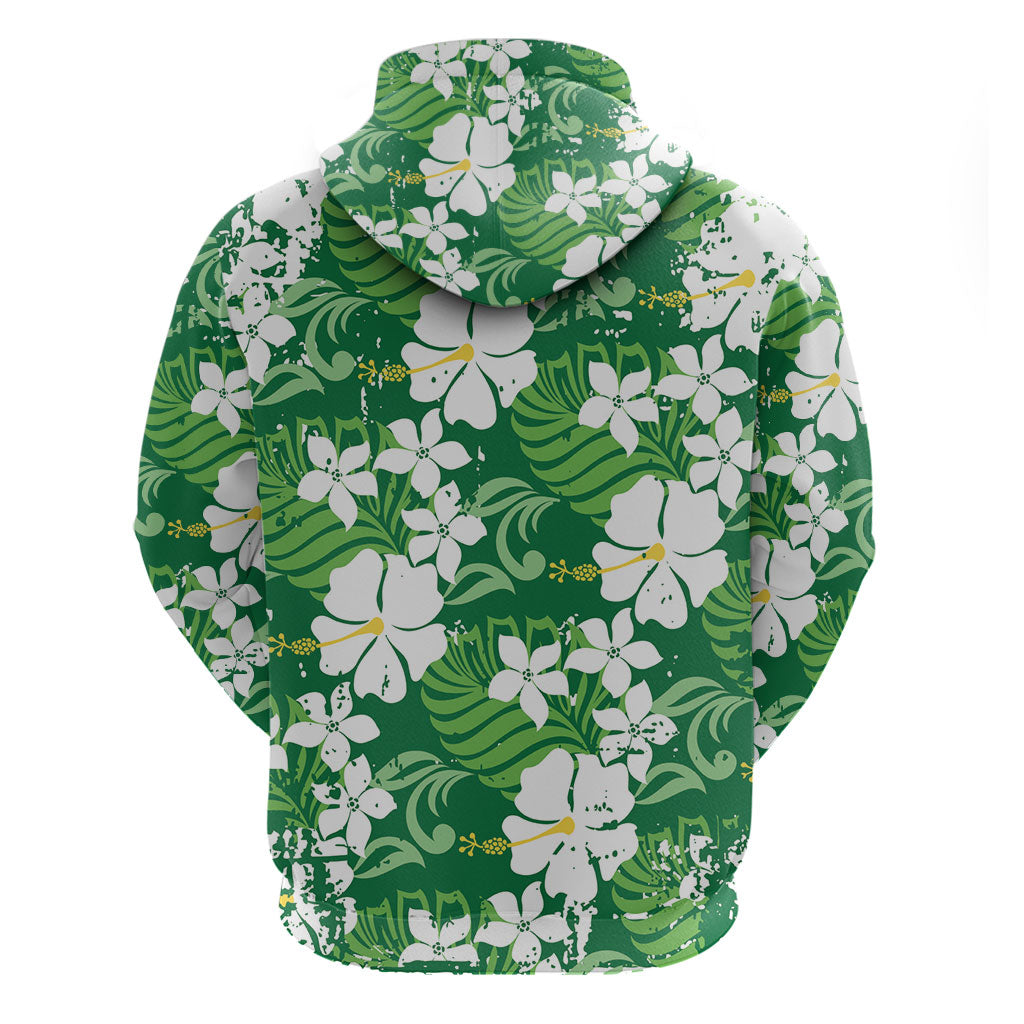 Green Hawaiian Hibiscus Monstera Zip Hoodie Grunge Stylized