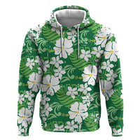 Green Hawaiian Hibiscus Monstera Zip Hoodie Grunge Stylized