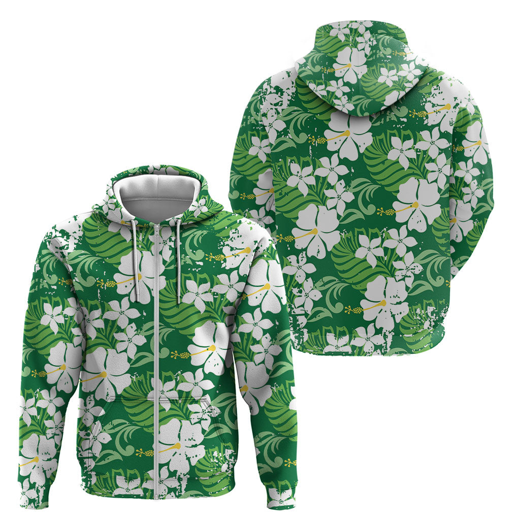 Green Hawaiian Hibiscus Monstera Zip Hoodie Grunge Stylized