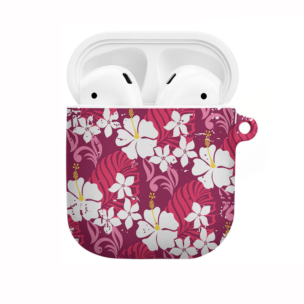 Pink Hawaiian Hibiscus Monstera AirPods Case Grunge Stylized