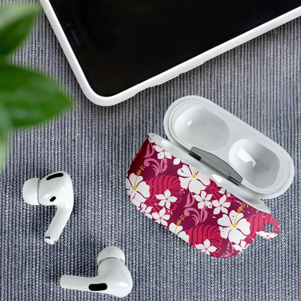 Pink Hawaiian Hibiscus Monstera AirPods Case Grunge Stylized