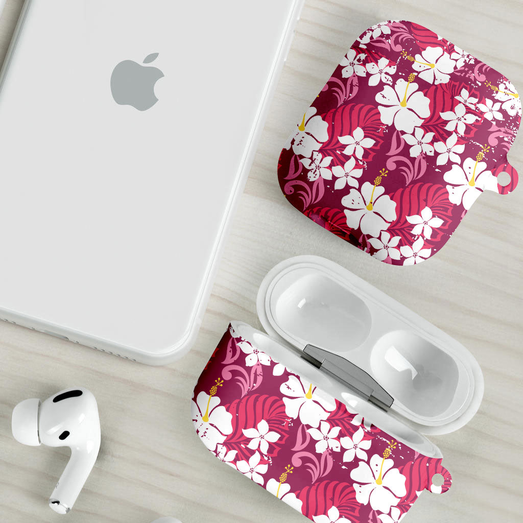 Pink Hawaiian Hibiscus Monstera AirPods Case Grunge Stylized