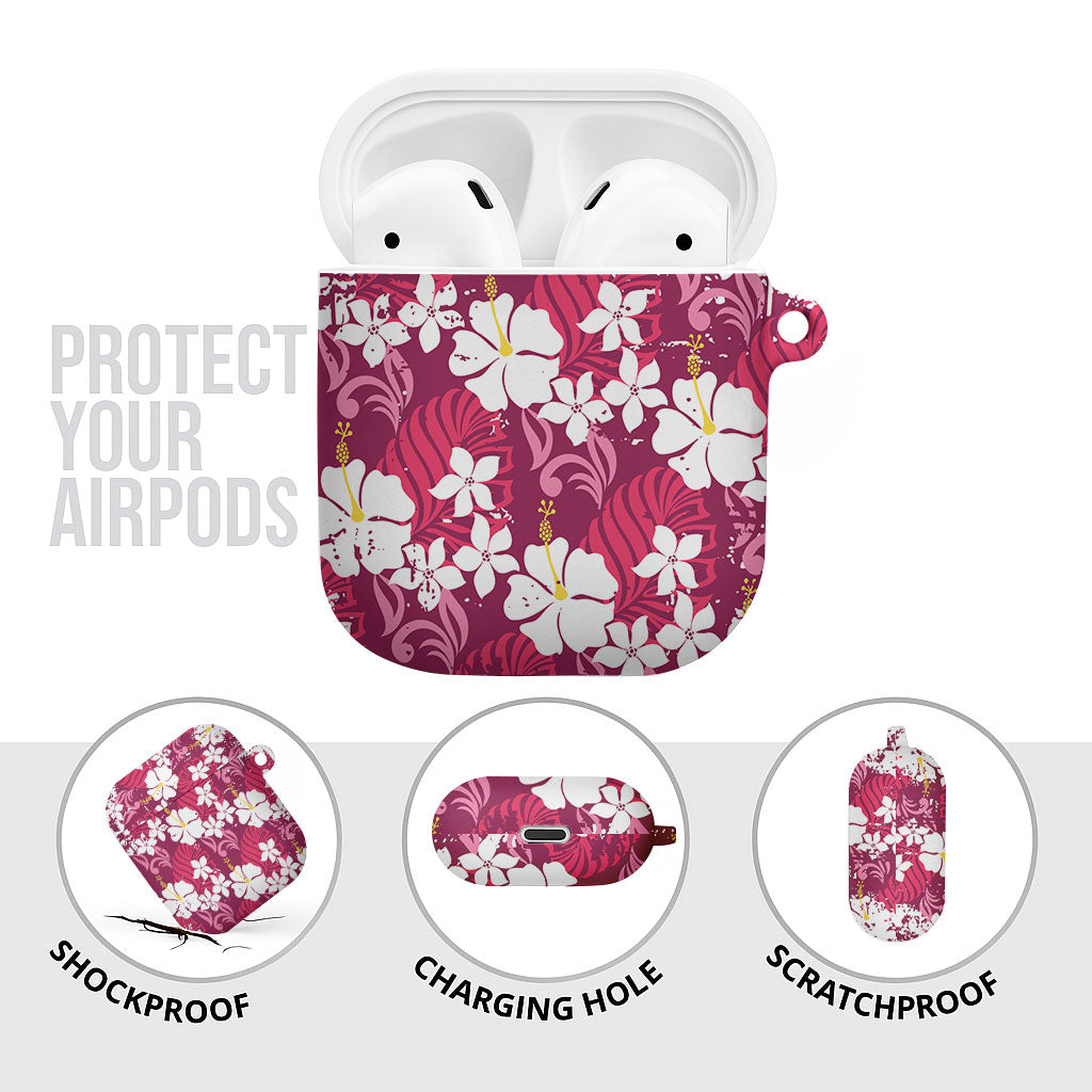 Pink Hawaiian Hibiscus Monstera AirPods Case Grunge Stylized