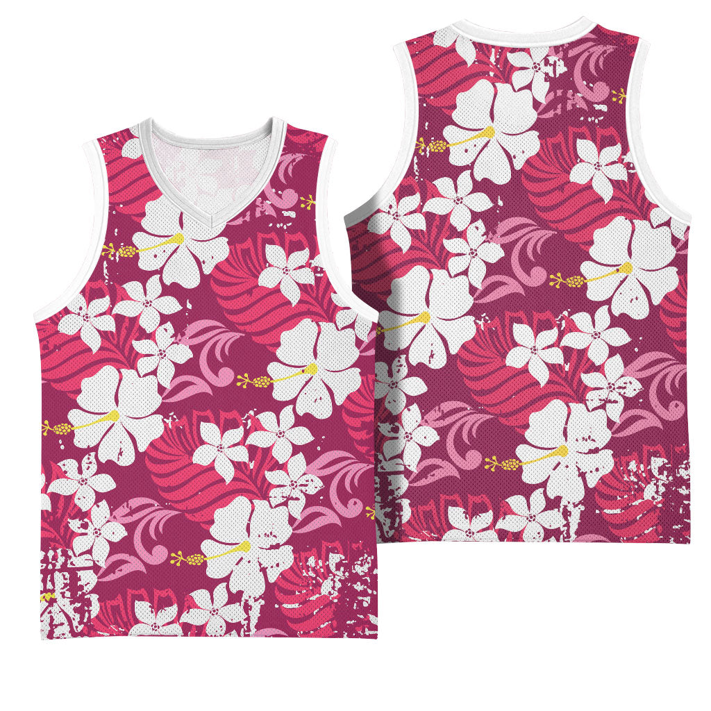 Pink Hawaiian Hibiscus Monstera Basketball Jersey Grunge Stylized