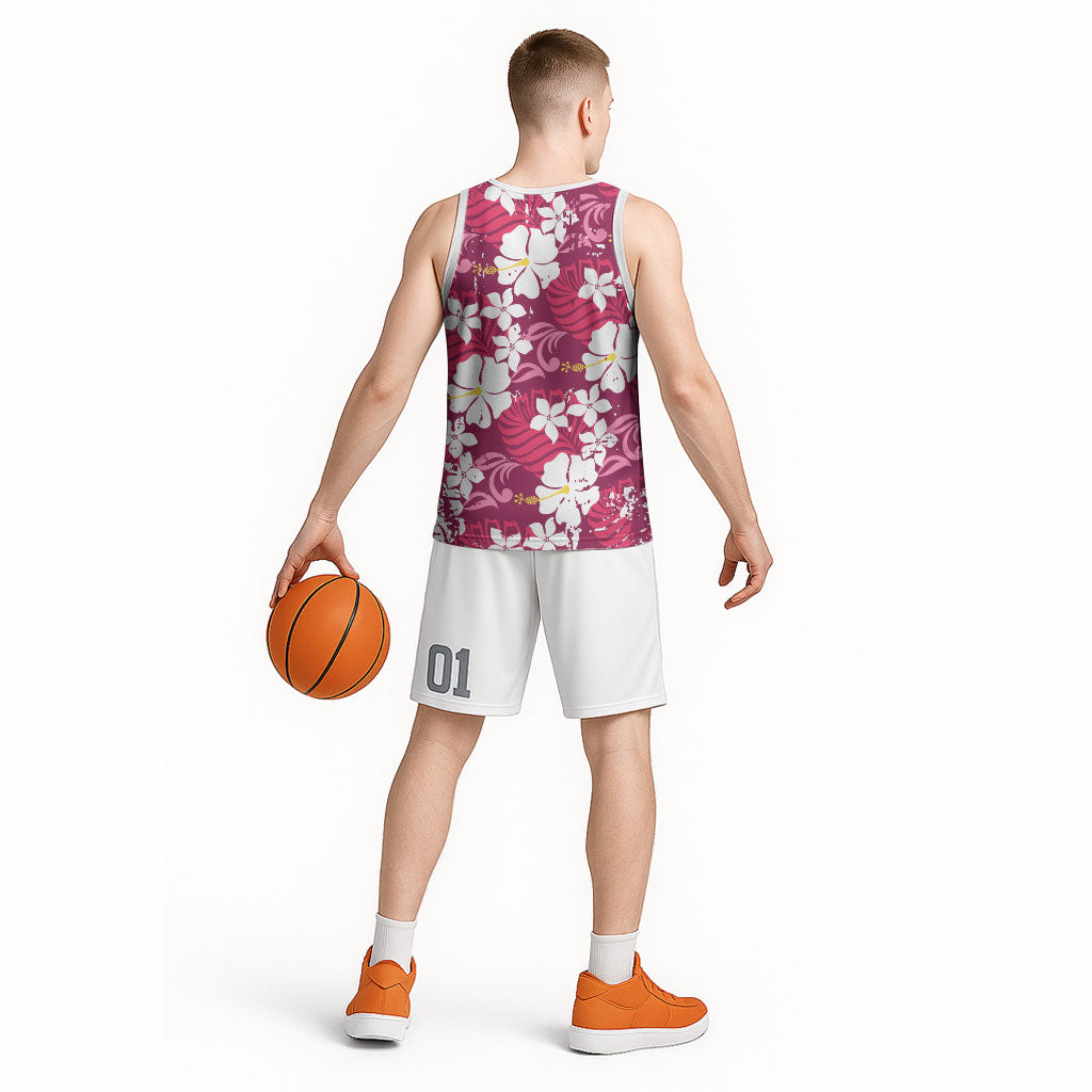 Pink Hawaiian Hibiscus Monstera Basketball Jersey Grunge Stylized