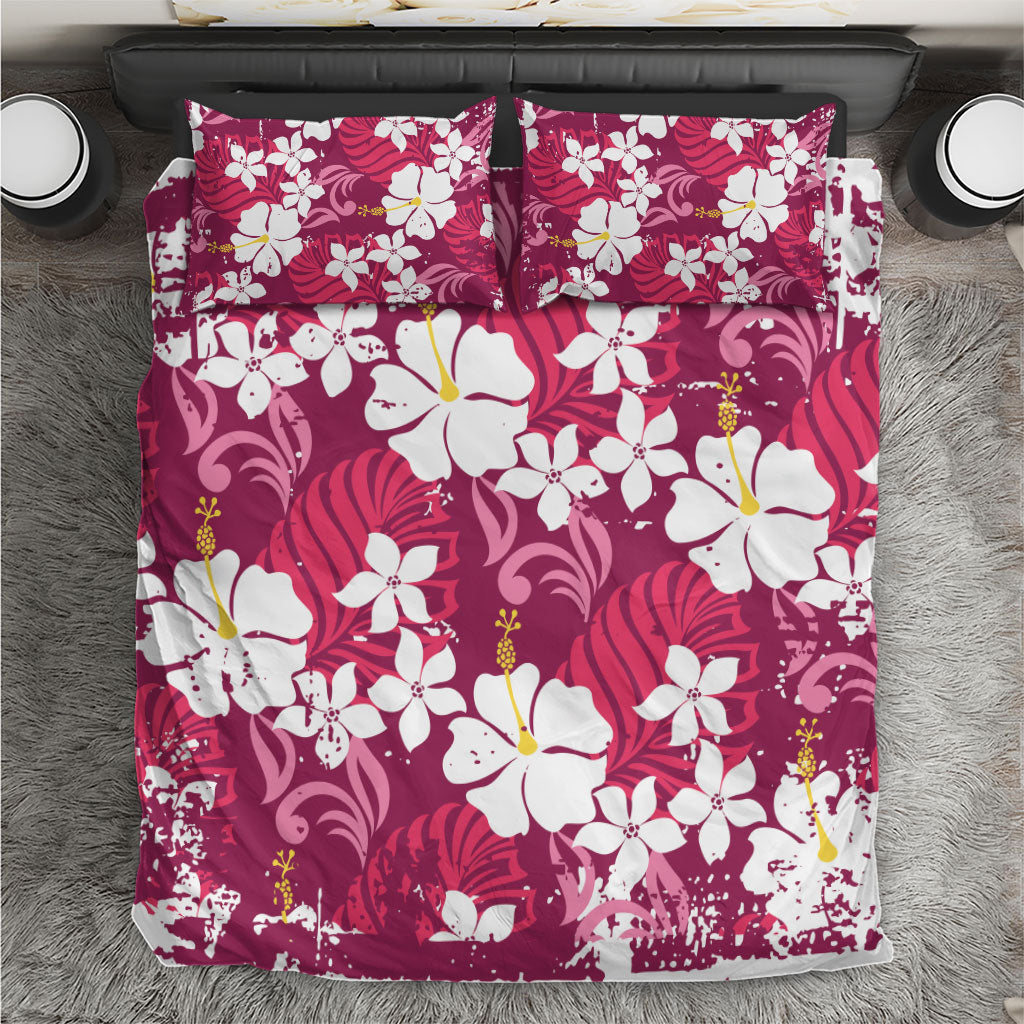Pink Hawaiian Hibiscus Monstera Bedding Set Grunge Stylized