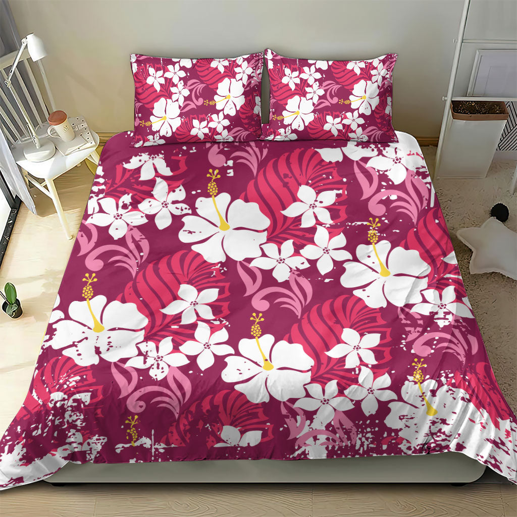 Pink Hawaiian Hibiscus Monstera Bedding Set Grunge Stylized