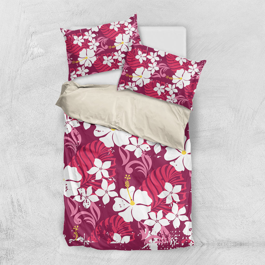 Pink Hawaiian Hibiscus Monstera Bedding Set Grunge Stylized