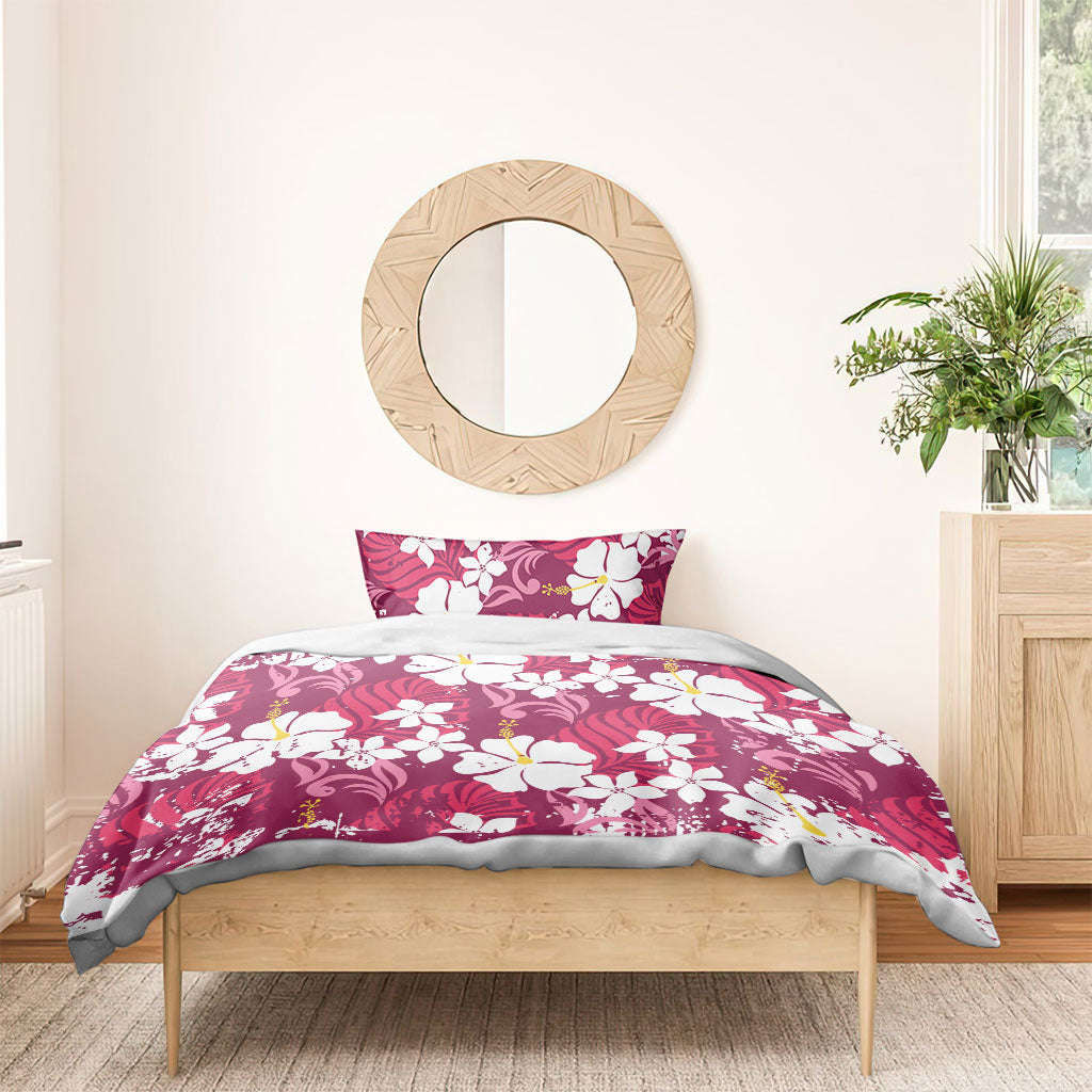 Pink Hawaiian Hibiscus Monstera Bedding Set Grunge Stylized