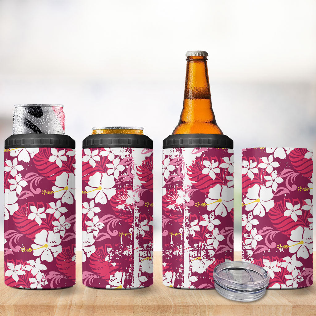 Pink Hawaiian Hibiscus Monstera 4 in 1 Can Cooler Tumbler Grunge Stylized LT01 - Polynesian Pride