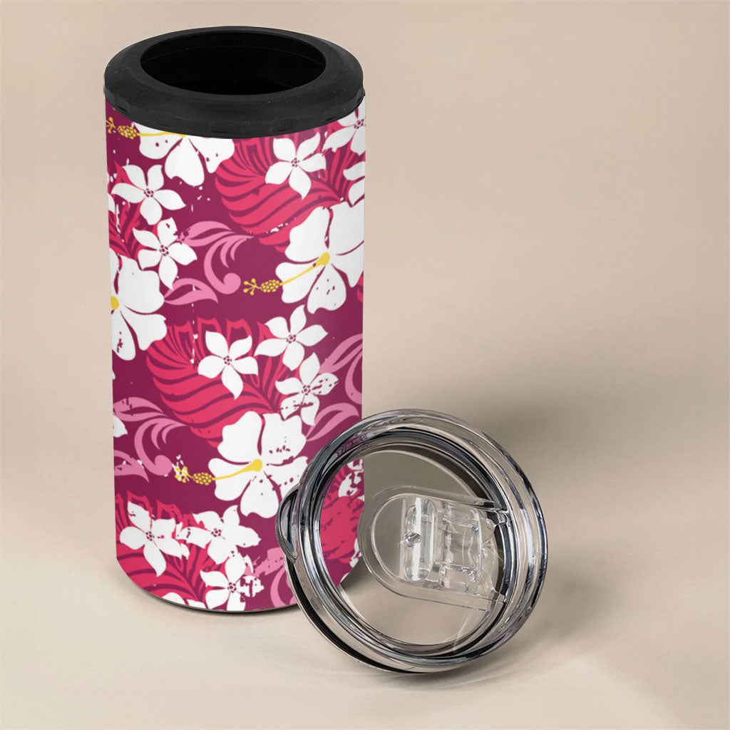 Pink Hawaiian Hibiscus Monstera 4 in 1 Can Cooler Tumbler Grunge Stylized LT01 - Polynesian Pride
