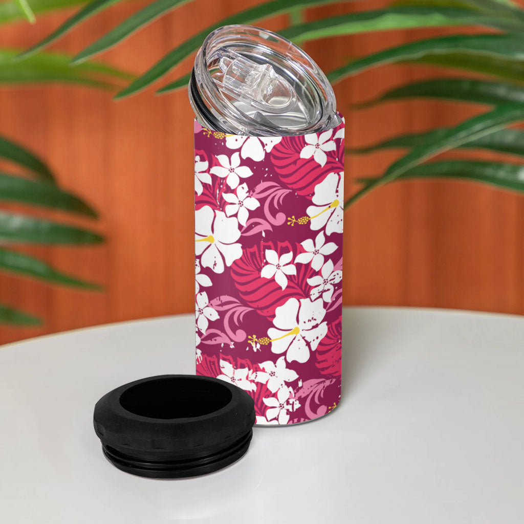 Pink Hawaiian Hibiscus Monstera 4 in 1 Can Cooler Tumbler Grunge Stylized LT01 - Polynesian Pride