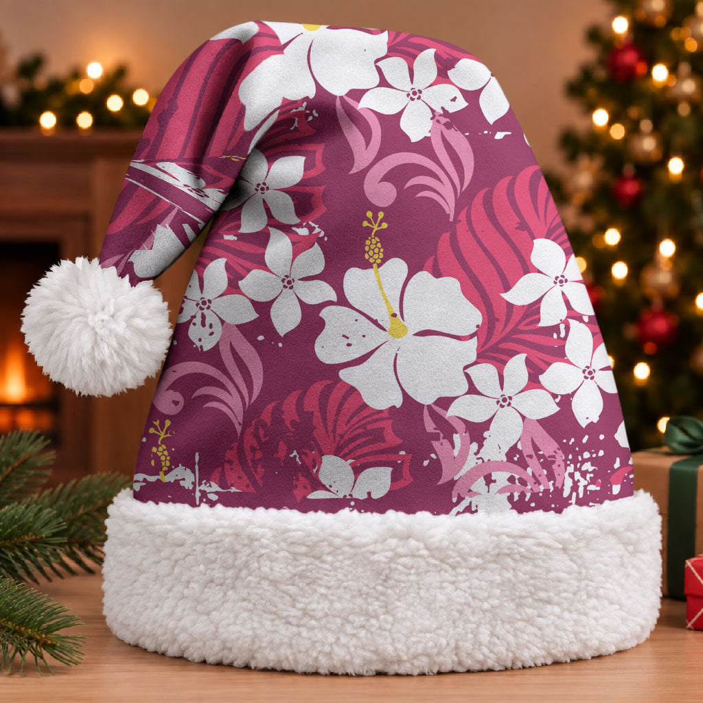 Pink Hawaiian Hibiscus Monstera Christmas Santa Hat Grunge Stylized LT01 With Fur Pink - Polynesian Pride