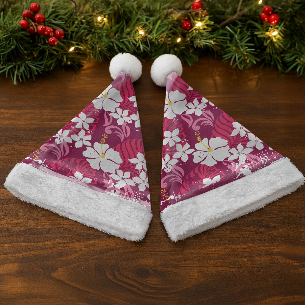 Pink Hawaiian Hibiscus Monstera Christmas Santa Hat Grunge Stylized LT01 - Polynesian Pride