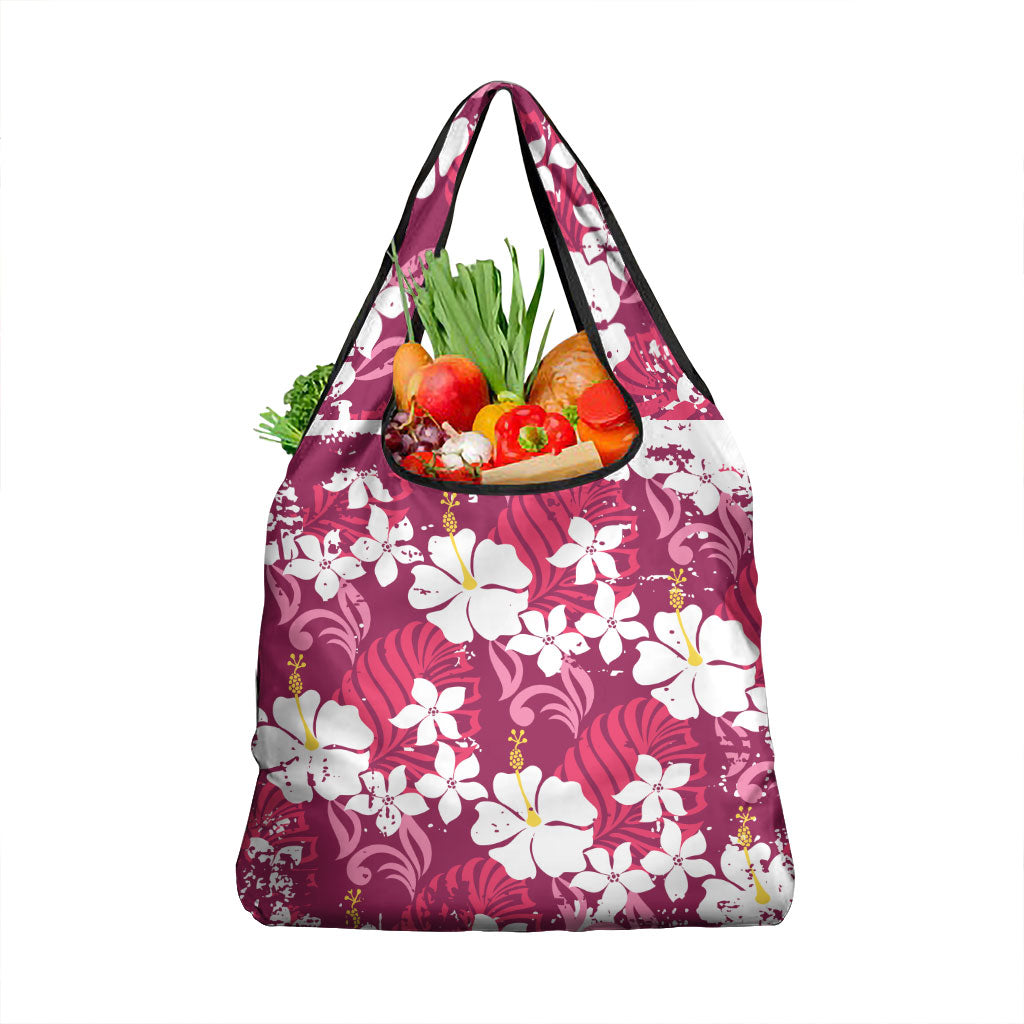 Pink Hawaiian Hibiscus Monstera Grocery Bag Grunge Stylized
