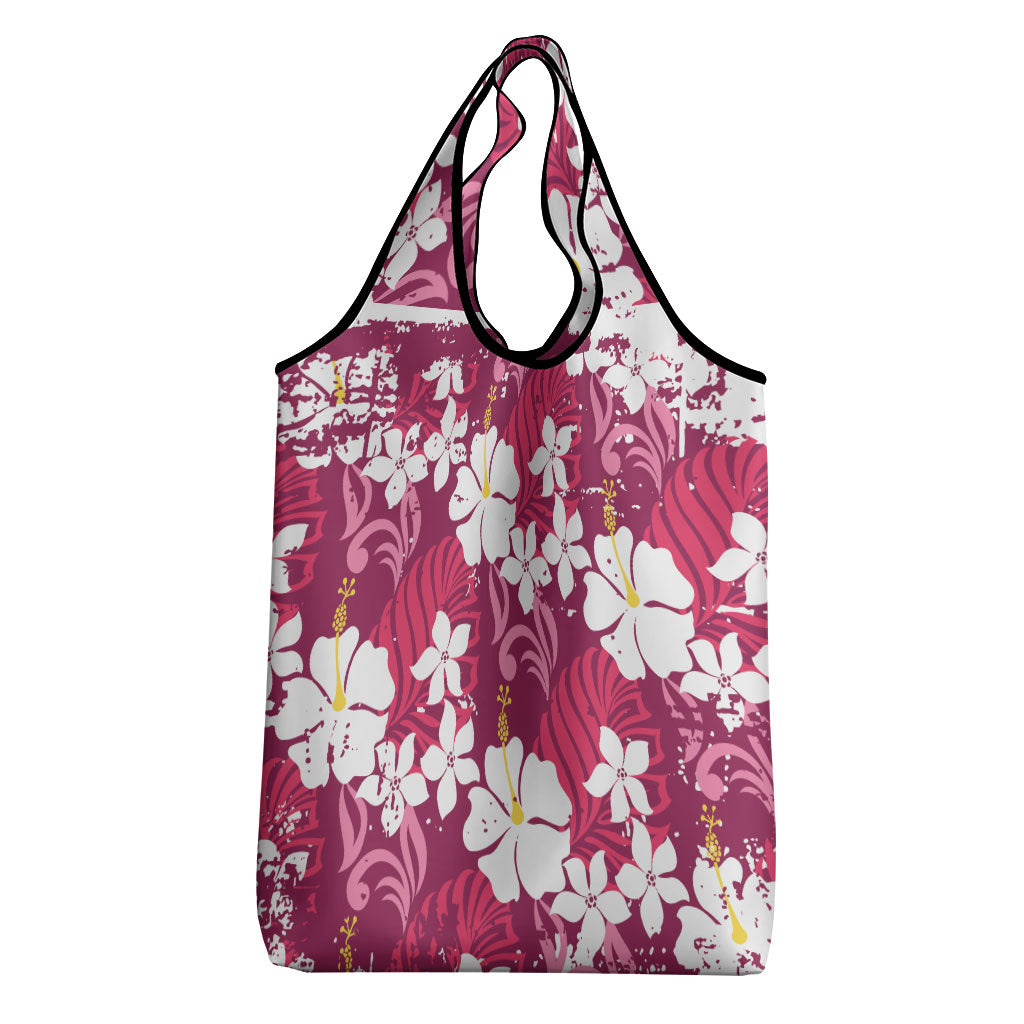 Pink Hawaiian Hibiscus Monstera Grocery Bag Grunge Stylized