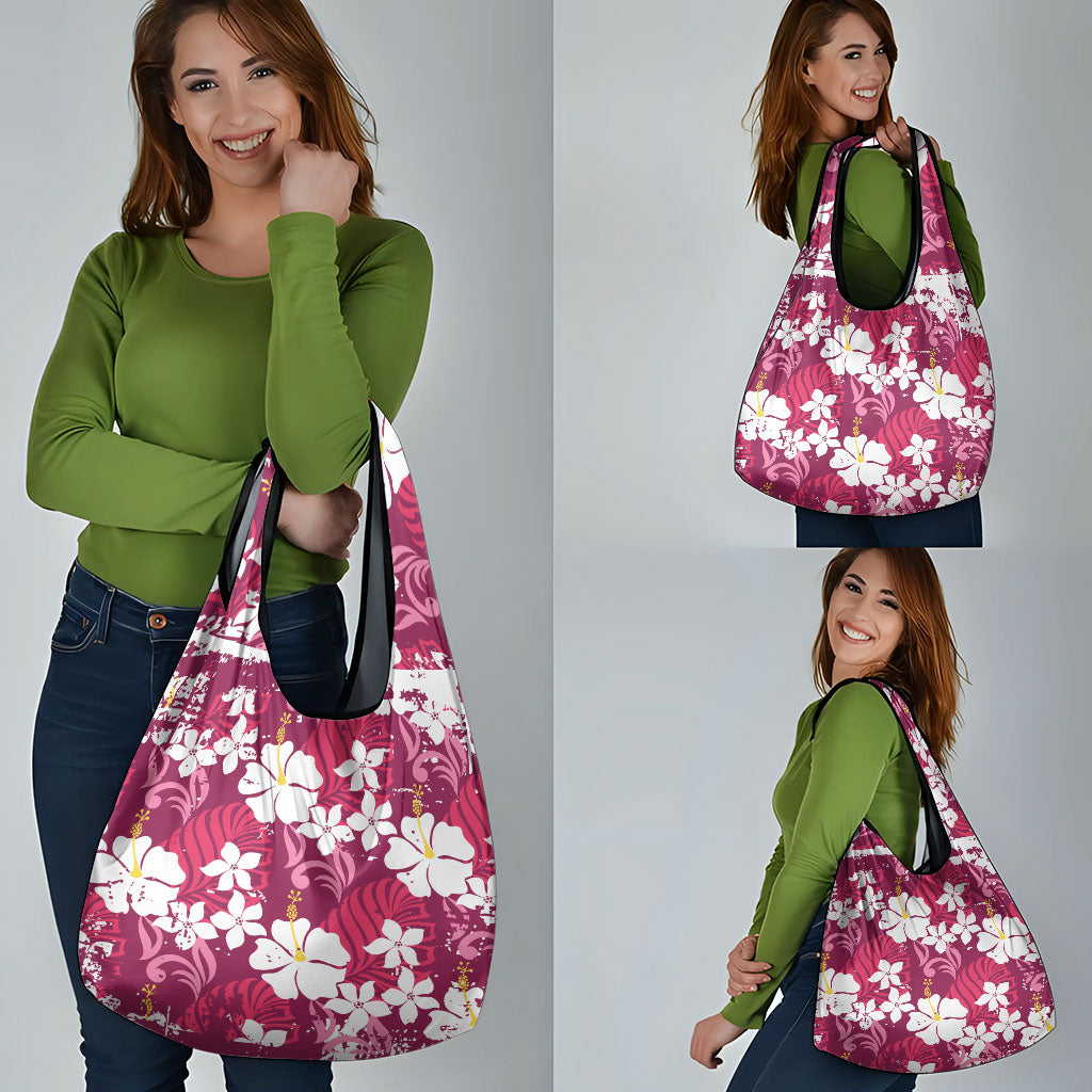 Pink Hawaiian Hibiscus Monstera Grocery Bag Grunge Stylized