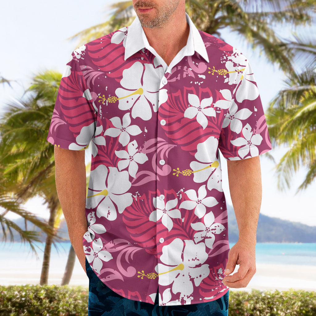 Pink Hawaiian Hibiscus Monstera Hawaiian Shirt Grunge Stylized