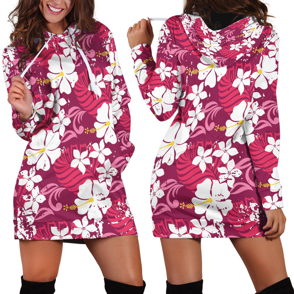 Pink Hawaiian Hibiscus Monstera Hoodie Dress Grunge Stylized LT01 - Polynesian Pride