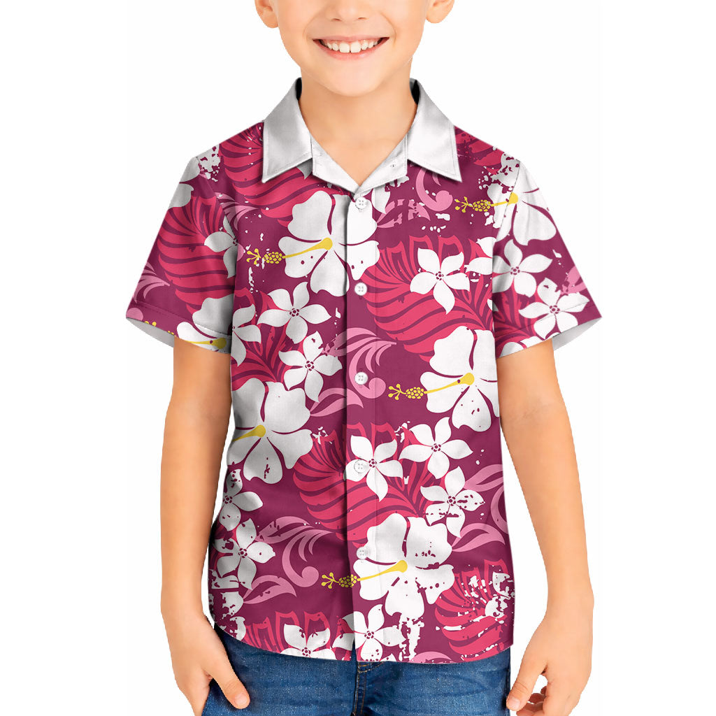 Pink Hawaiian Hibiscus Monstera Kid Hawaiian Shirt Grunge Stylized