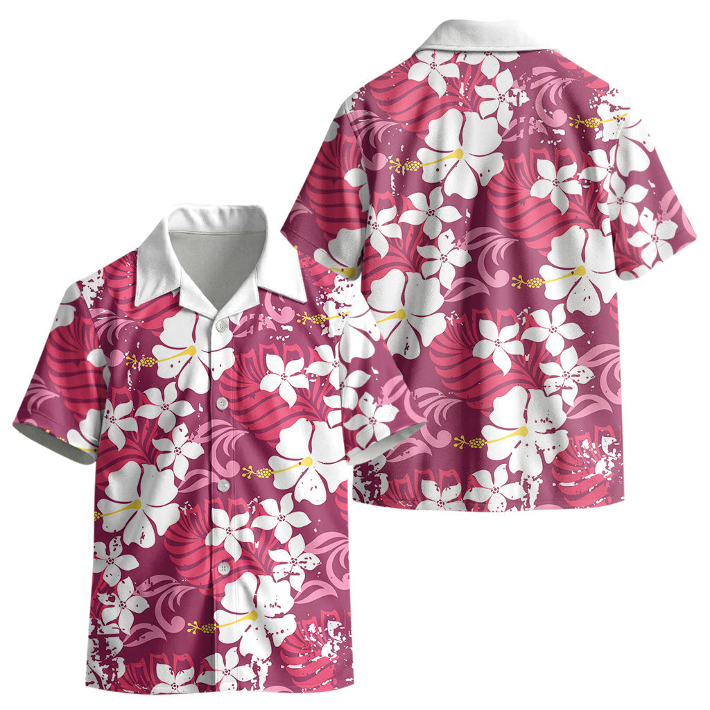Pink Hawaiian Hibiscus Monstera Kid Hawaiian Shirt Grunge Stylized