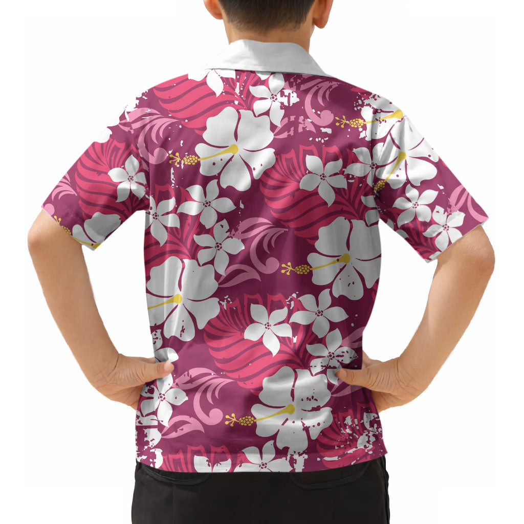 Pink Hawaiian Hibiscus Monstera Kid Hawaiian Shirt Grunge Stylized