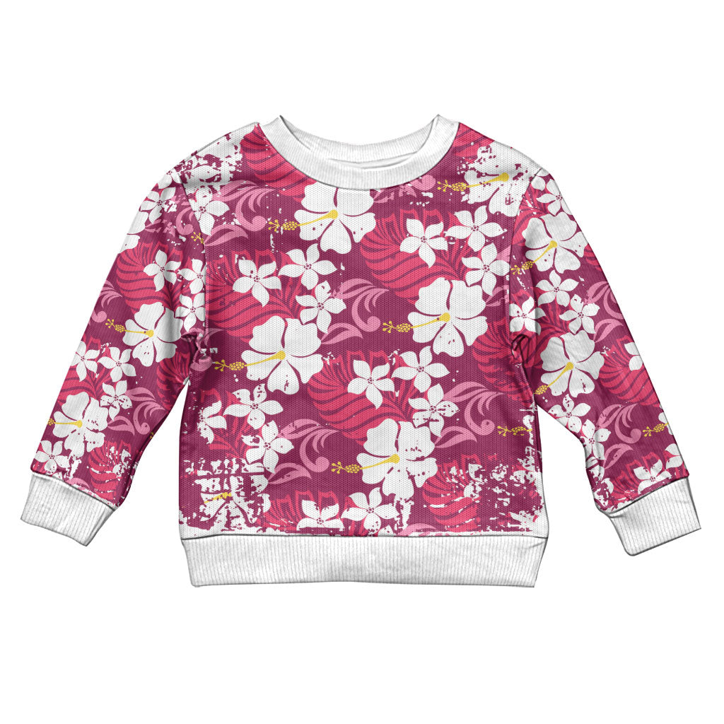 Pink Hawaiian Hibiscus Monstera Kid Ugly Christmas Sweater Grunge Stylized