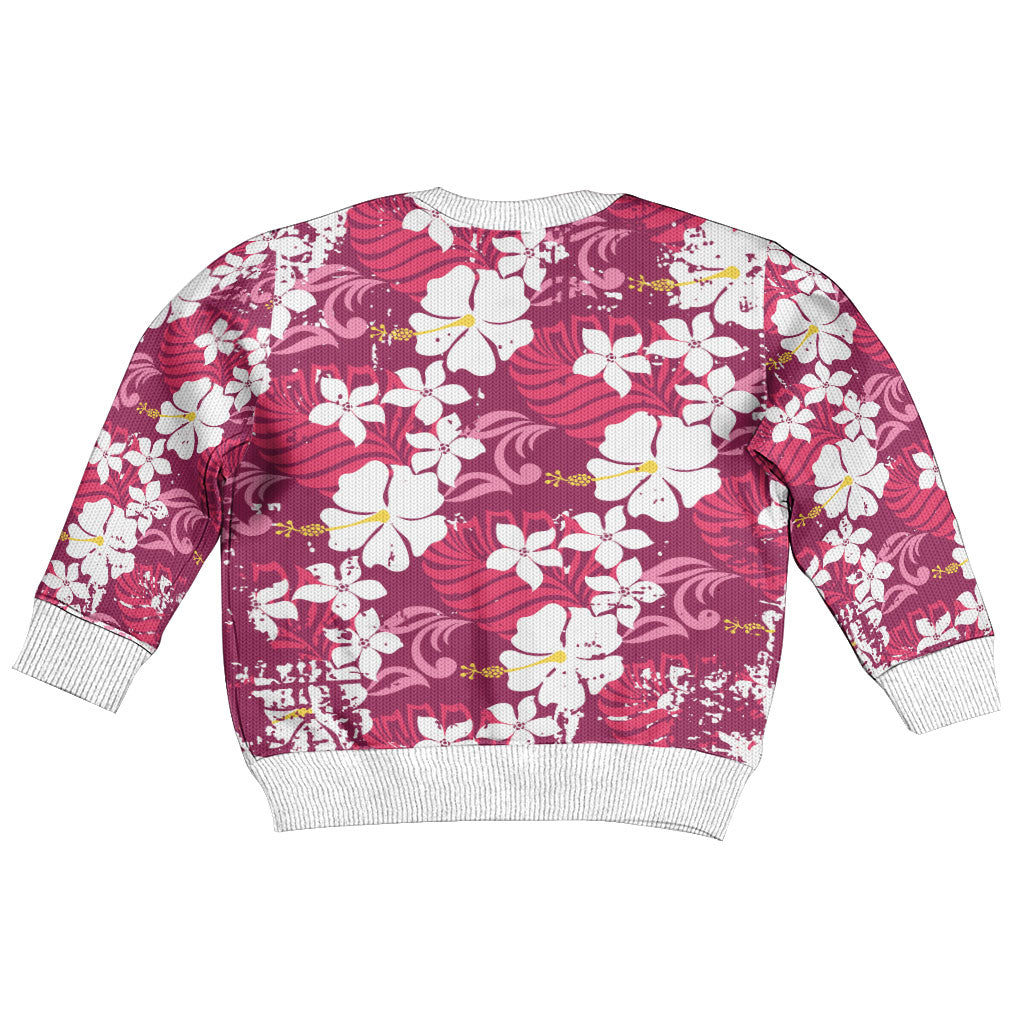 Pink Hawaiian Hibiscus Monstera Kid Ugly Christmas Sweater Grunge Stylized LT01 - Polynesian Pride