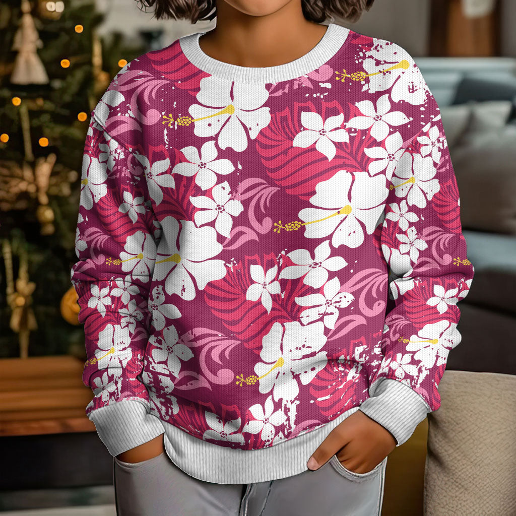 Pink Hawaiian Hibiscus Monstera Kid Ugly Christmas Sweater Grunge Stylized LT01 - Polynesian Pride