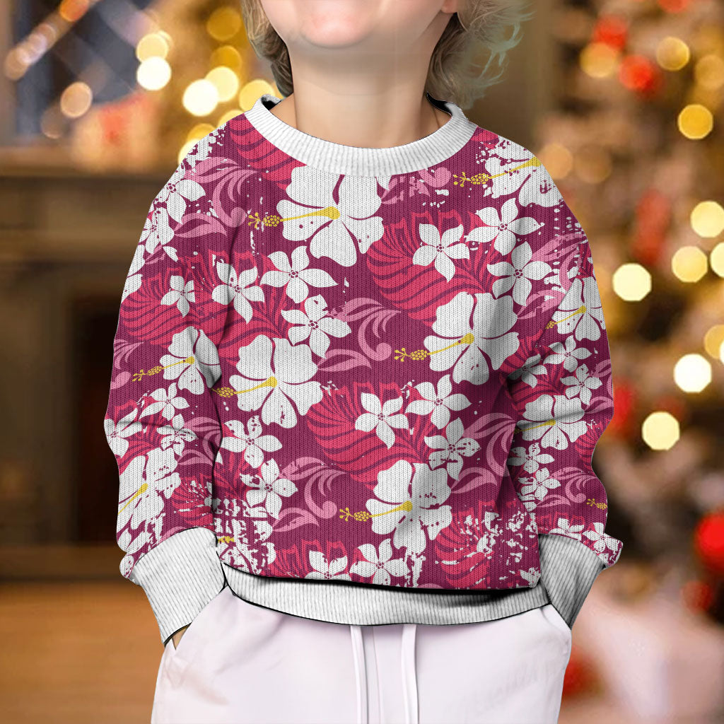 Pink Hawaiian Hibiscus Monstera Kid Ugly Christmas Sweater Grunge Stylized LT01 - Polynesian Pride