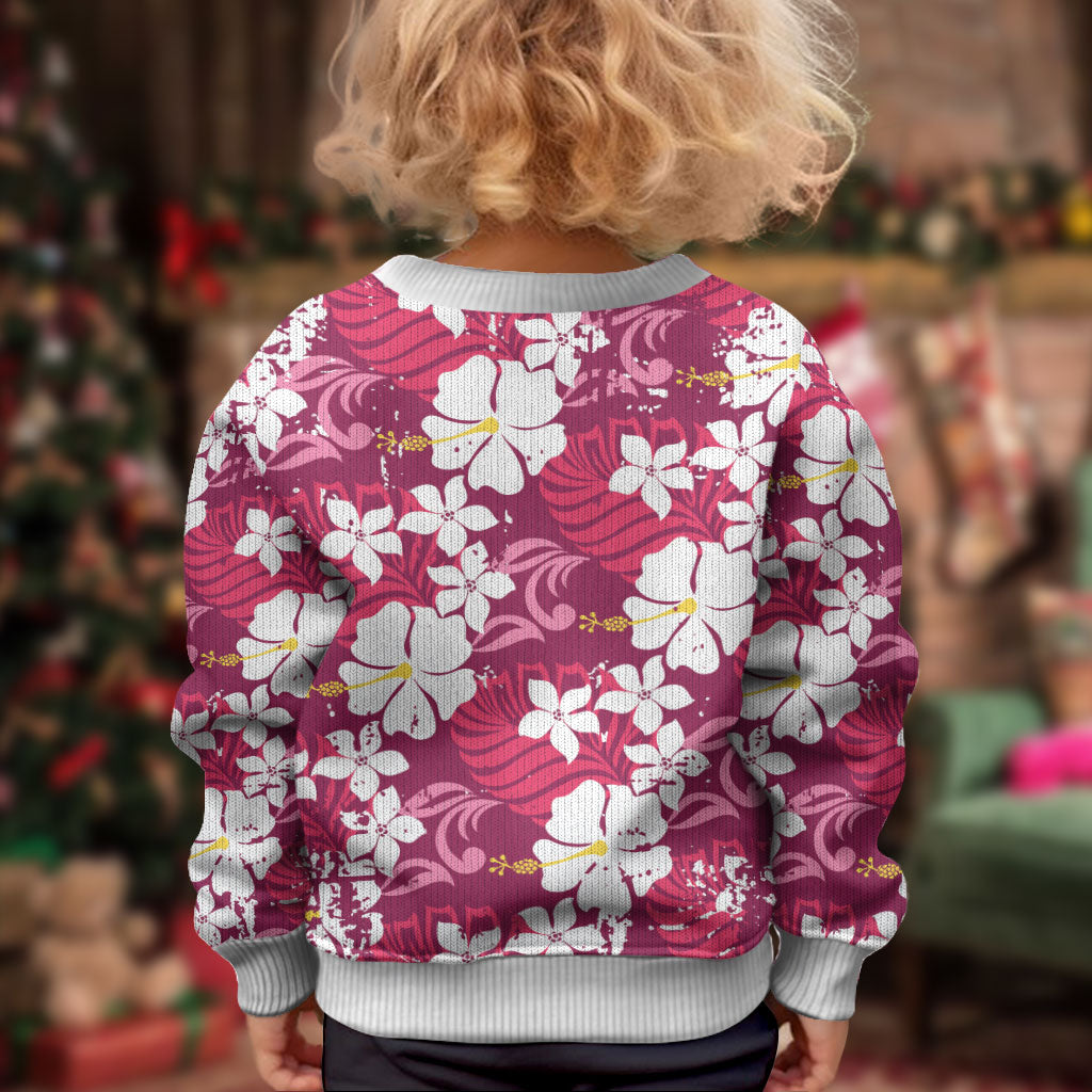 Pink Hawaiian Hibiscus Monstera Kid Ugly Christmas Sweater Grunge Stylized LT01 - Polynesian Pride