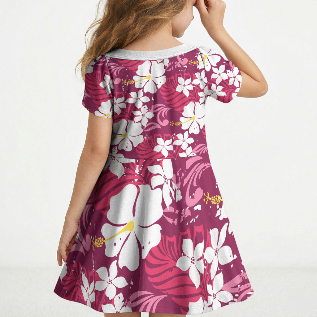 Pink Hawaiian Hibiscus Monstera Kid Short Sleeve Dress Grunge Stylized
