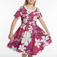 Pink Hawaiian Hibiscus Monstera Kid Short Sleeve Dress Grunge Stylized