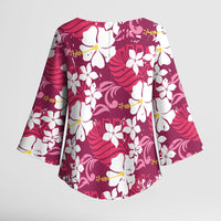 Pink Hawaiian Hibiscus Monstera Kimono Sleeve Blouse Grunge Stylized