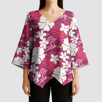 Pink Hawaiian Hibiscus Monstera Kimono Sleeve Blouse Grunge Stylized