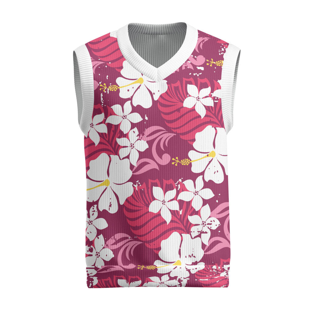 Pink Hawaiian Hibiscus Monstera Christmas Knitted V-Neck Vest Grunge Stylized LT01 Pink - Polynesian Pride