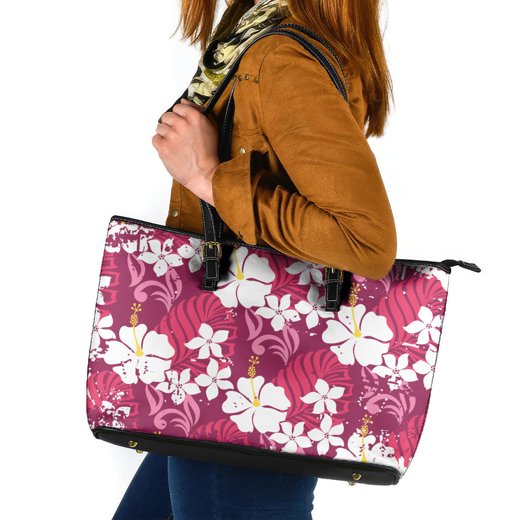 Pink Hawaiian Hibiscus Monstera Leather Tote Bag Grunge Stylized