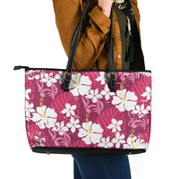 Pink Hawaiian Hibiscus Monstera Leather Tote Bag Grunge Stylized