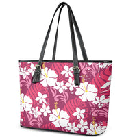 Pink Hawaiian Hibiscus Monstera Leather Tote Bag Grunge Stylized
