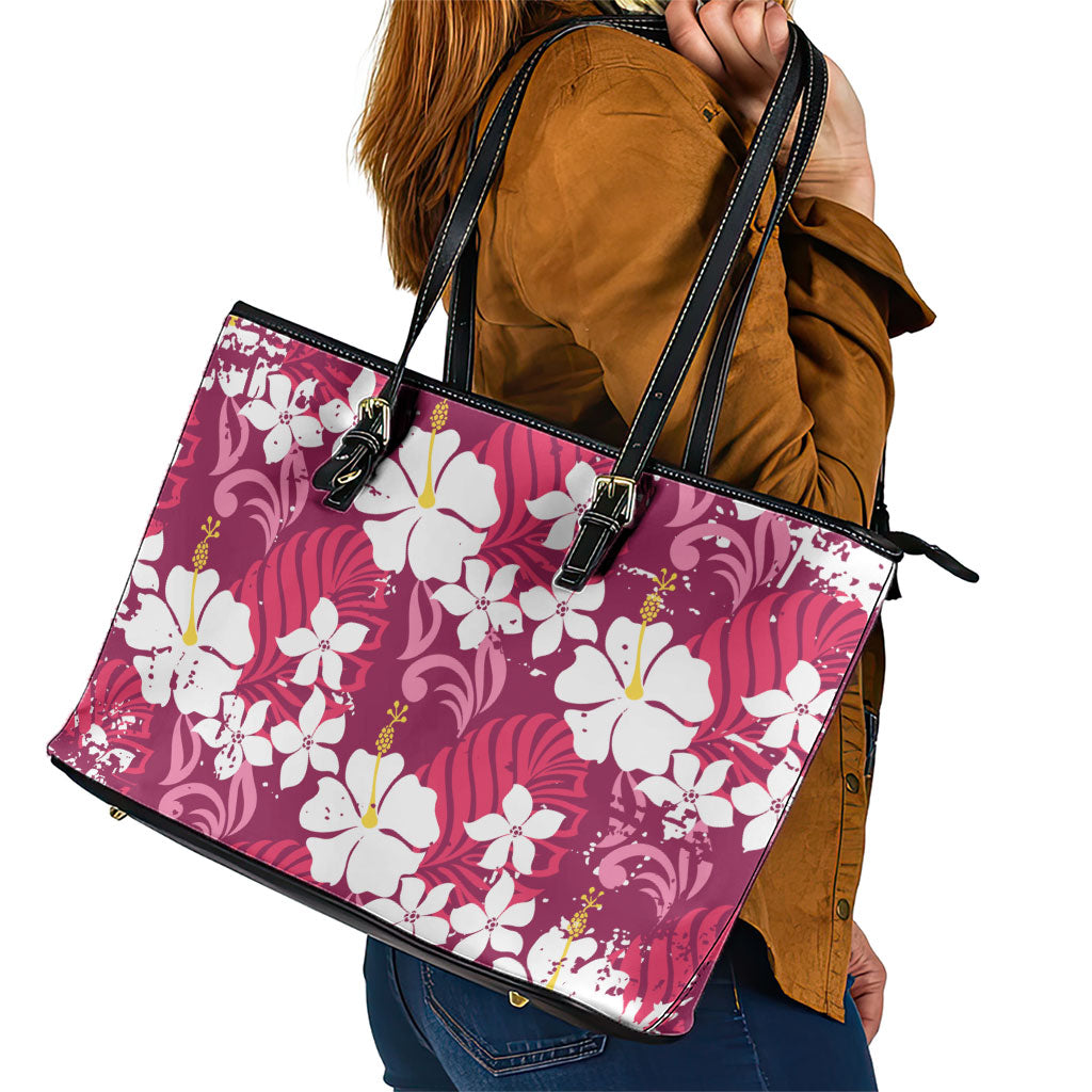 Pink Hawaiian Hibiscus Monstera Leather Tote Bag Grunge Stylized