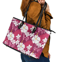 Pink Hawaiian Hibiscus Monstera Leather Tote Bag Grunge Stylized